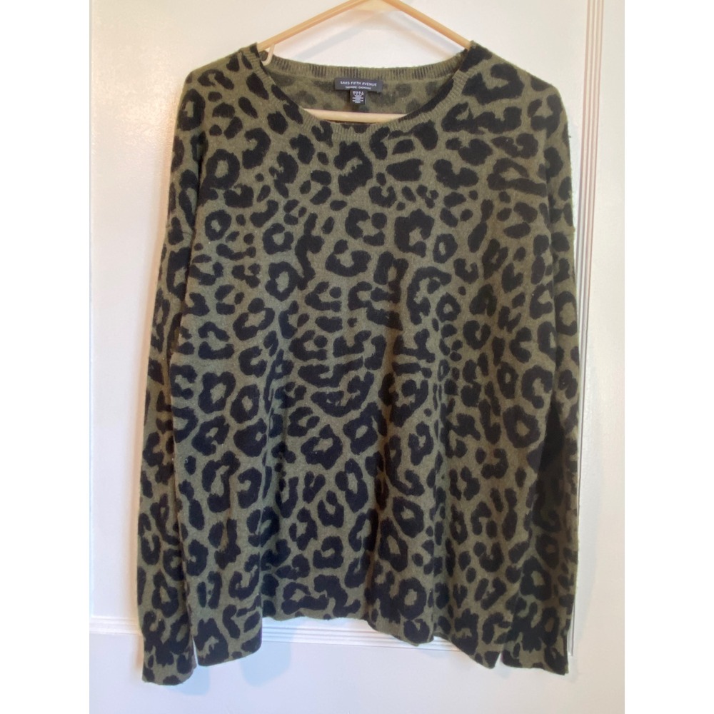 Saks Fifth Avenue Cashmere Sweater Large Olive Green Black Leopard Crewneck
